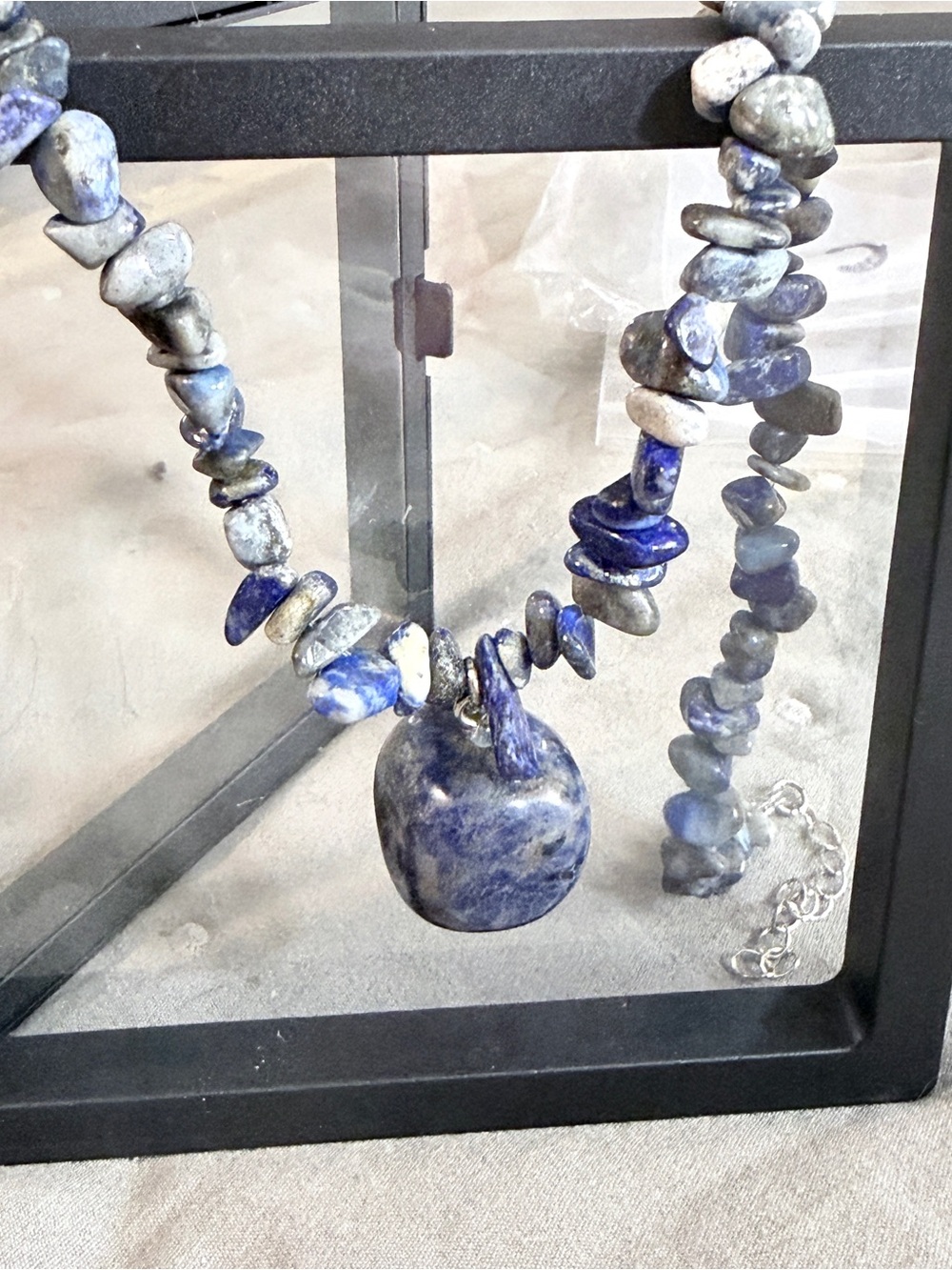 Blue Lapis chip necklace with polished pendant Women’s jewelry